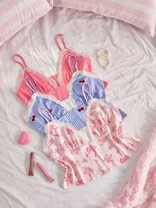 Slumberry CURVE Set Piyama Wanita Ukuran Plus Y2K Manis & Imut dengan Motif Bunga, Pita, dan Garis-garis Ceri, 3 Potong - MultiWarna - View 4