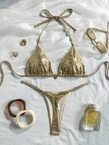 Bonvoyette Swim SXY 2件組 春夏海灘度假 金箔豹紋動物印花 紋理面料 金色愛心豹紋掛脖三角比基尼上衣與丁字褲 性感比基尼泳衣套裝 女款 - 彩色 - 查看 10