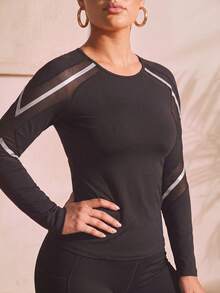 SHEIN Rhythm Era Plus Contrast Panel Sports Tee With Thumb Holes - Black - View 1