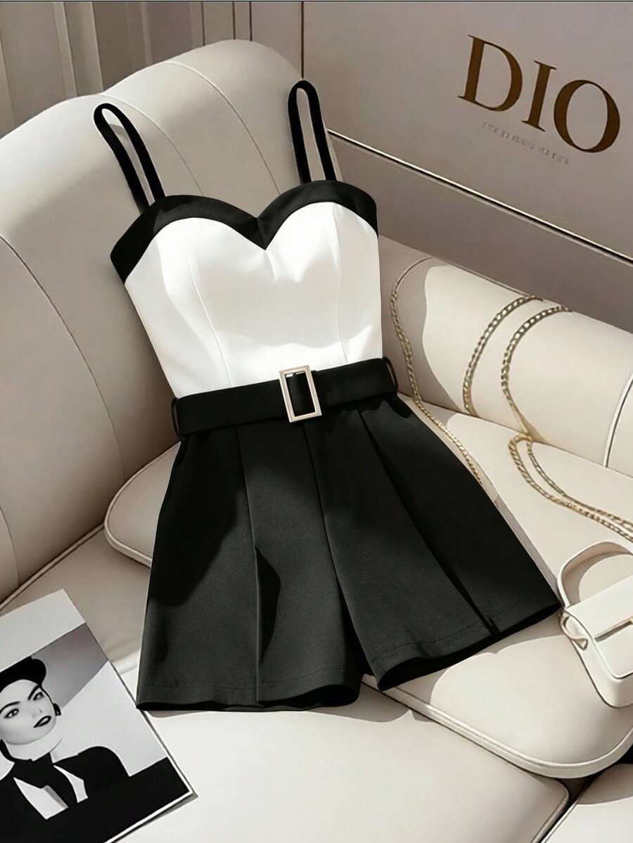 SHEIN Franclia 女款基礎優雅通勤夜店連身褲，可調節腰帶，黑白對比色，短版，適合酒吧派對夏季優雅穿搭
