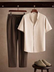 Core Aspect Men's Loose Colorblock 2-Piece Set, Khaki Brown Stand Collar V-Neck Shirt + Off-White Drawstring Wide Leg Pants, Gen Z Cityboy Street Style Summer Outfit - Multicolor - View 1