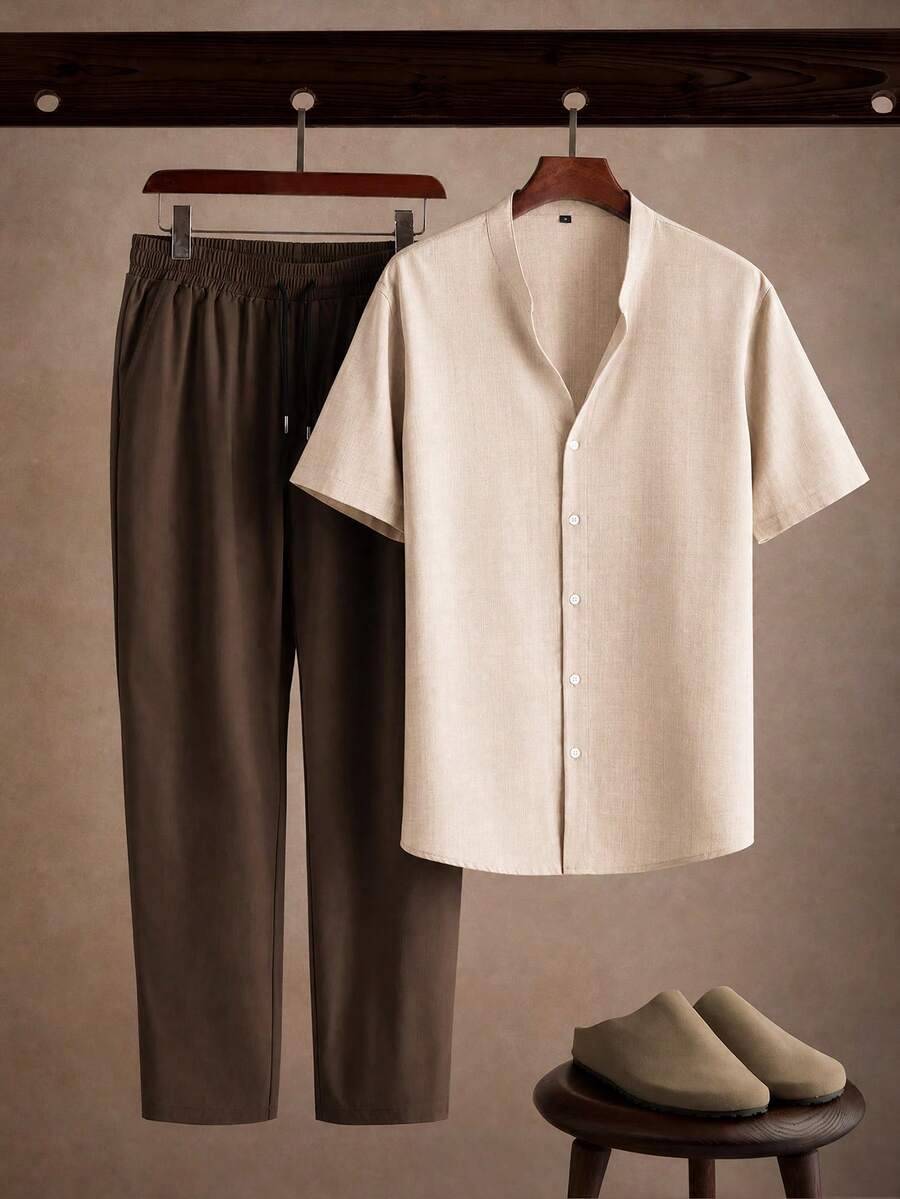 Core Aspect Men's Loose Colorblock 2-Piece Set, Khaki Brown Stand Collar V-Neck Shirt + Off-White Drawstring Wide Leg Pants, Gen Z Cityboy Street Style Summer Outfit - Multicolor - View 1