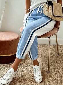 EMERY ROSE Pantalones de mujer con cintura ajustable y parches de colores contrastantes - Azul y blanco - Ver 3