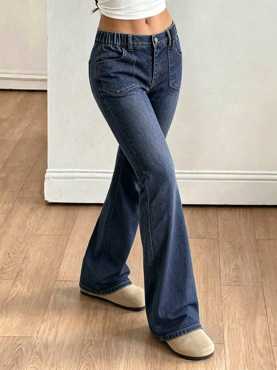 SHEIN 女童夏季棉質水洗多功能時尚休閒舒適寬鬆彈性腰藍色水洗牛仔長褲 - 藍色 - 查看 1