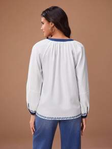 Glamance White Floral V-Neck Long Sleeve Blouse, Loose Boho Elegant Mature Casual Sexy For Outing, Work Brunch, Office, Daily, Party, Autumn - Blue and White - View 2
