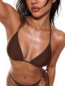 SHEIN Swim 女款夏季海灘純色掛脖綁帶性感時尚比基尼上衣 - 棕色 - 查看 3