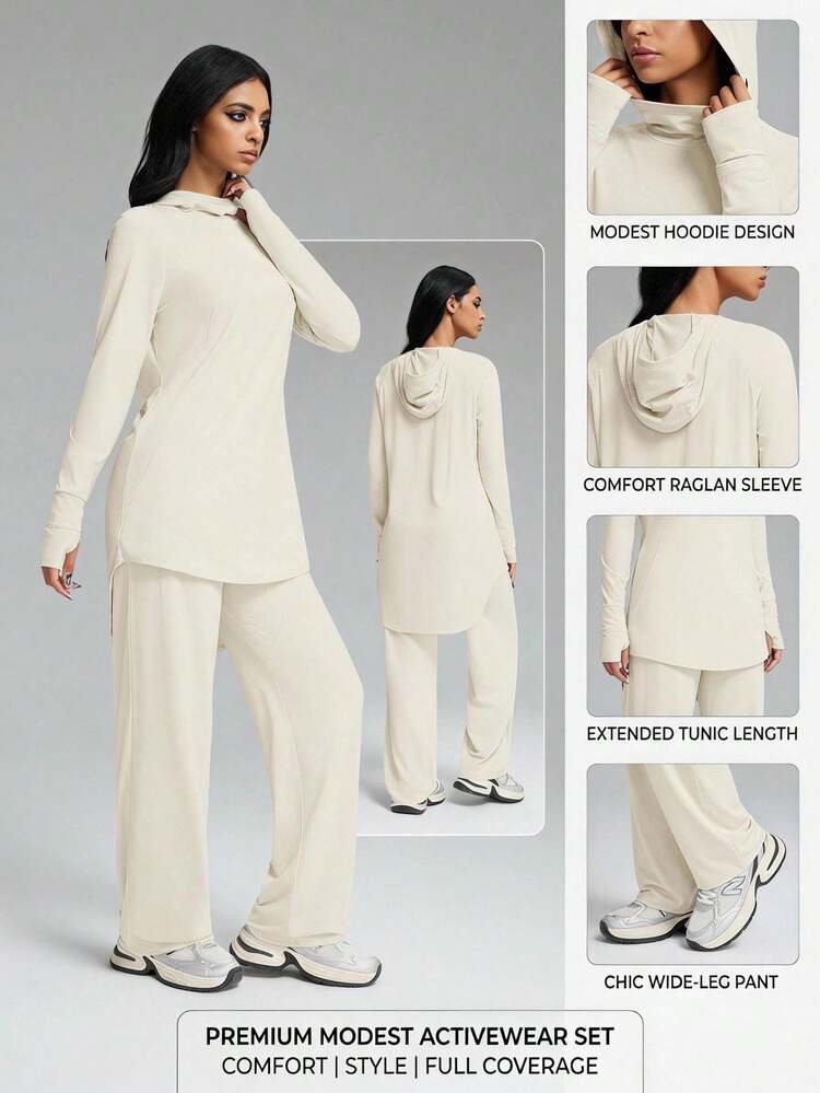 Innovista Women's UPF Set 2PCS Loose Long Sleeve Hoodie Top Wide-Leg Pants Sun Protection Moisture-Wicking Thumbholes Hi-Low Hem For Yoga Gym Athleisure Yellow - Yellow - View 11