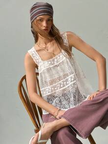SHEIN French Vintage Black & White Musical Note Embroidered Lace Trim Square Neck Doll Top Vest - White - View 7