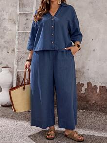 EMERY ROSE EMERY ROSE Plus Size Women Single-Breasted Top And Wide Leg Jeans Two Pieces Set - Dark Wash - View 1