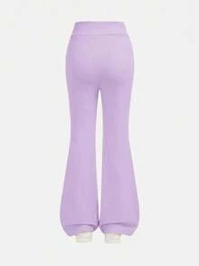 SHEIN Tween女孩休閒純色咖啡棕長袖上衣與喇叭褲2件套 - 紫色 - 查看 7