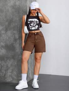 SHEIN Tall Y2K街頭風女款中腰休閒水洗牛仔短褲，咖啡棕色，適合旅行與夏天，高個女性適用 - 咖啡棕 - 查看 5