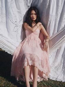 Willow Rêve Women's Light Pink Lace Bandeau Ruffle Hem High-Low Maxi Dress, Romantic Elegant Wedding Style, Bohemian, Birthday Party Date Holiday Summer - Pink - View 1