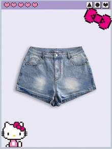 HELLO KITTY AND FRIENDS | ROMWE Kolaborasi IP HELLOKITTYANDFRIENDS0 Pola Bordir Serbaguna Ukuran Plus Slim Fit Celana Pendek Biru Muda Liburan Rave Musim Panas Kasual 90-an - Biru - View 5