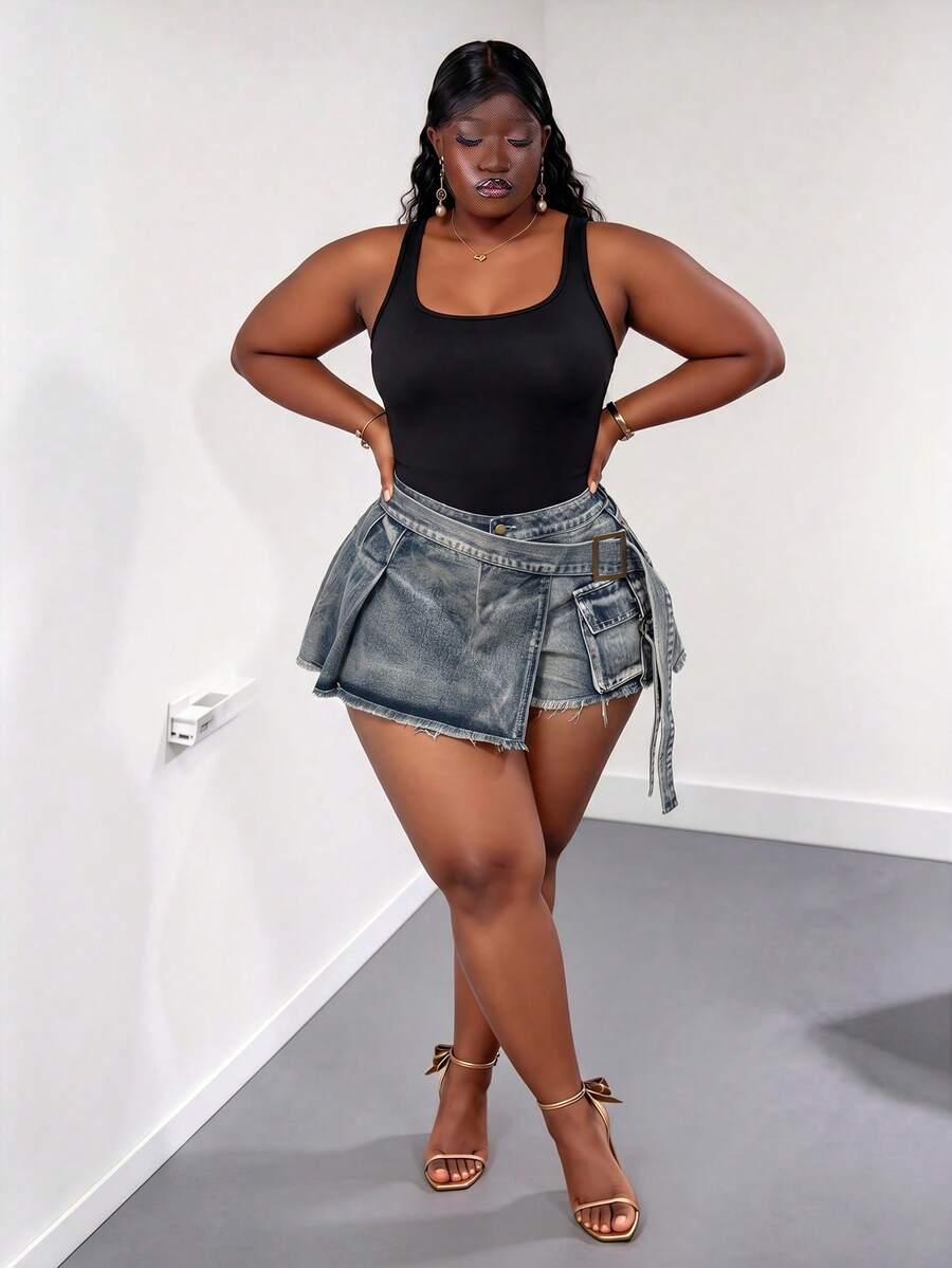 CurvyTilda 大尺碼夏季時尚繞身牛仔工裝短褲休閒款 - 藍色 - 查看 1