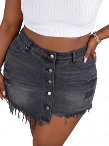 CurvyTilda Plus Size Women Distressed Pocket Frayed Hem Casual Versatile Daily Wear Denim Shorts Summer - Dark Grey - View 3