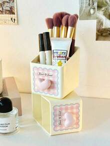 1PC Desktop Stationery Storage Box Dual Layer Design Large Capacity Pen Holder Makeup Brush Organizer Heart Pattern Pink White Sturdy Plastic For Students Teachers Office Back To School Christmas Birthday Gift For Friends Home Desk Accessories - Multicolor - View 4