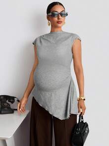 MaterniWear Maternity Solid Color Boat Neck Cap Sleeve Asymmetric Hem Casual Maternity Maternity T-Shirt Summer Photoshoot Photoshoot - Grey - View 6
