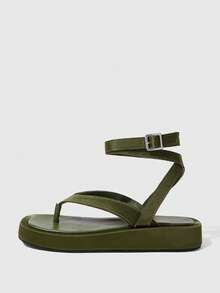 HighSole 春夏新款雙帶後扣設計厚底簡約百搭女款涼鞋，適合日常通勤與購物穿著 - 墨綠色 - 查看 2