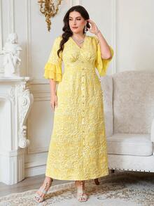 Reflora Vestido elegante de mujer talla grande con cuello en V, diseño de botones y puños con volantes en jacquard - Amarillo - Ver 5