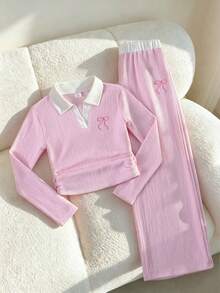 Tween Girls 8-12Y 2Pcs Pink Textured Set, Contrast White Collar V Neck Long Sleeve Top Wi - Baby Pink - View 7