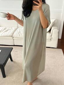 Livesso 女款對比飾邊居家休閒洋裝 - 綠色 - 查看 5