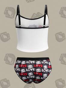 Betty Boop x SHEIN Plus Size Letter & Cartoon Character Print Camisole And Panty Lingerie Set - Black and White - View 2
