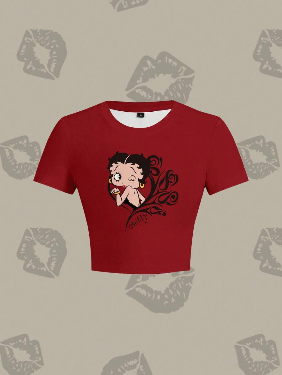 Betty Boop x SHEIN 女士休闲日常通勤卡通人物、花卉字母印花短袖T恤,夏季 - 白色 - 查看 1