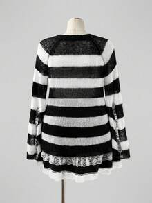 Sunspun Plus Size Plus Size Striped Distressed Knit Cardigan Y2K Grunge Hollow Mesh Sweater Ripped Fringe Ra Winter - Black and White - View 2