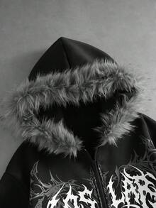 ROMWE MEN Goth 男士哥德式圖案毛絨連帽拉鍊休閒日常長袖衛衣 - 黑色 - 查看 6