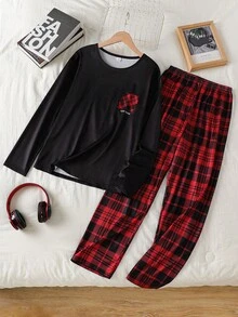 青少年男孩灰色底虎紋圖案長袖上衣與長褲休閒兩件式家居服套裝 - 黑色 - 查看 3