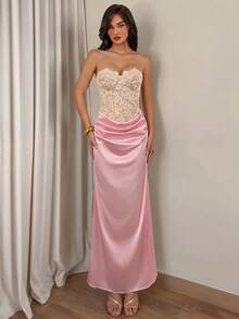Nuvra Women's Lace Patchwork Ruched Elegant Waist-Cinched Strapless Dress For Party - Pink - View 4
