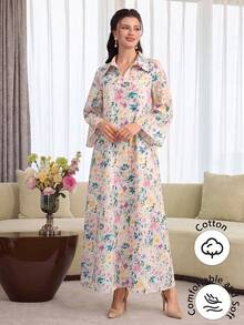Al Najma 翻領棉質花卉印花喇叭袖洋裝 - 彩色 - 查看 7