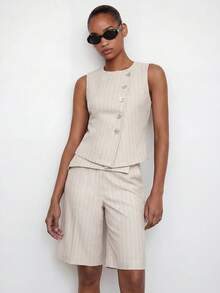 Maija Apricot Striped Summer Fall Urban Women 2 Pieces Set Asymmetric Front Top Sleeveless Fitted Waist Wide Leg Casual Wrap Pants Festival Going Out Casual - Apricot - View 4