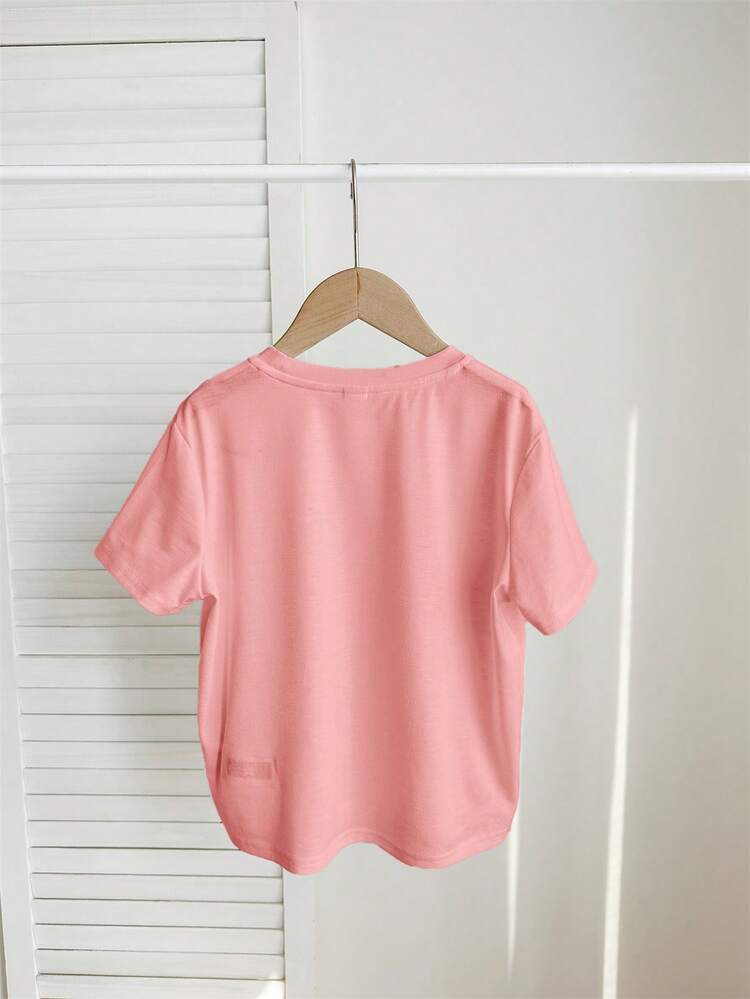 SHEIN Kaos Kasual Rajut Polos Kerah Bulat Pas Badan untuk Remaja Perempuan - Berwarna merah muda - View 2