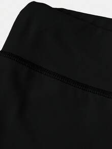 SHEIN Serisse Kids Tween Girl Casual Modest All Black Line Yoga Sports Slim Fit Zip-Up Stand Collar Knit Solid Color Top High Waist Leggings Set Summer - Black - View 14