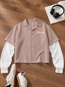 SWAVVY Men's 2 In 1 Plaid Long Sleeve Single-Breasted Shirt - Apricot - View 2