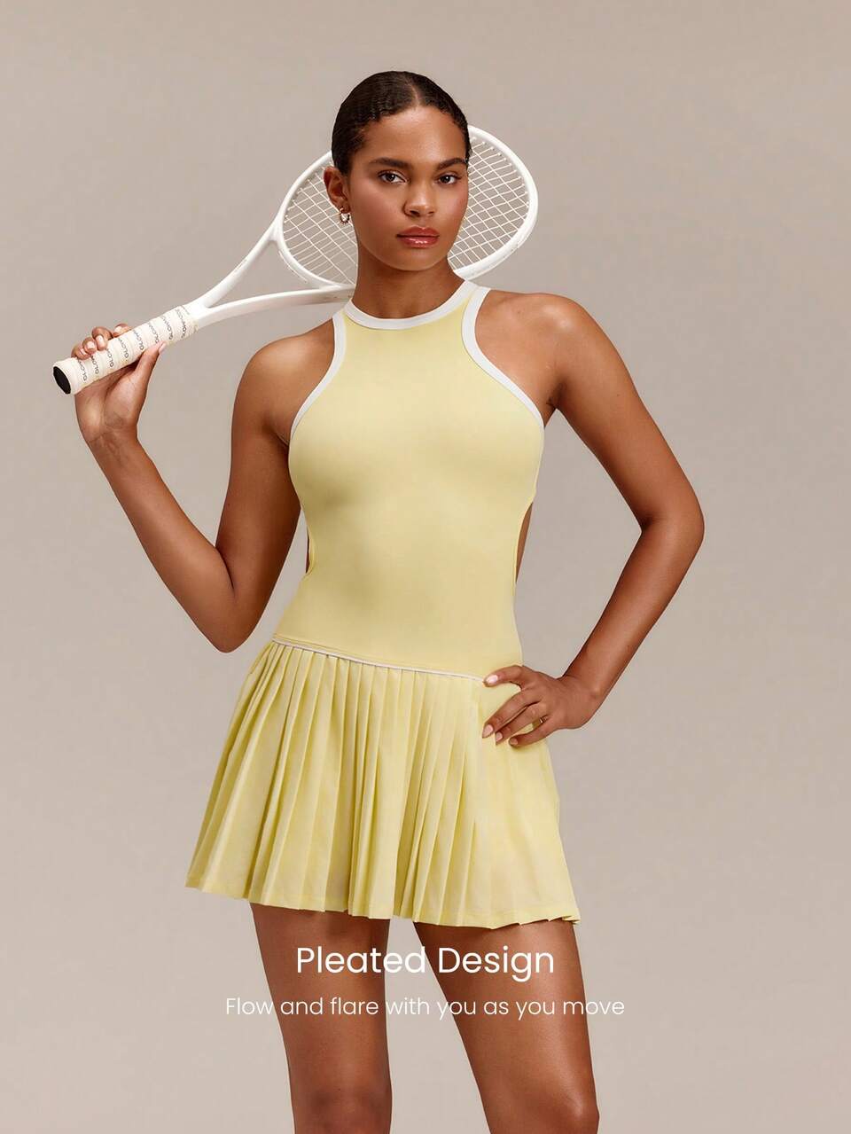 Soft Swing Built-In Shorts Side Pockets Contrasting Trim Crewneck Ultra-Low Rise Pleated Racerback Tennis Dress Golf Pickleball Daily Casual Wear