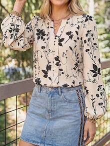 Coeurva Women's White Floral Blouse V-Neck Long Sleeve Floral Print Button Front Closure Fall Autumn Elegant Refined Outdoor Versatile Evening Vacation - Multicolor - View 10