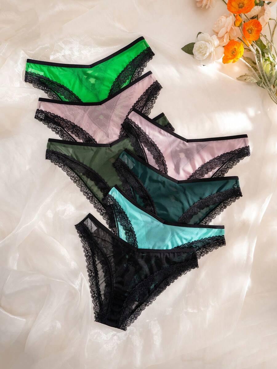 SHEIN Conjunto de 7 piezas de bragas triangulares cómodas con patchwork de encaje para mujer - Multicolor - Ver 1