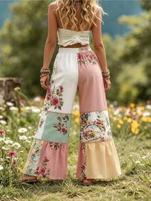 Holdful Holdful Women's Autumn New Floral Print Loose Colorblock Drawstring Wide Leg Pants, Fashion Vacation Long Pants Casual Granny - Multicolor - View 2