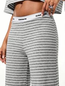SUMWON WOMEN Striped Wide Leg Lounge Pants For Home Relaxation Comfort Sleep Pajama Bottoms With Elastic Waistband - Light Grey - View 6