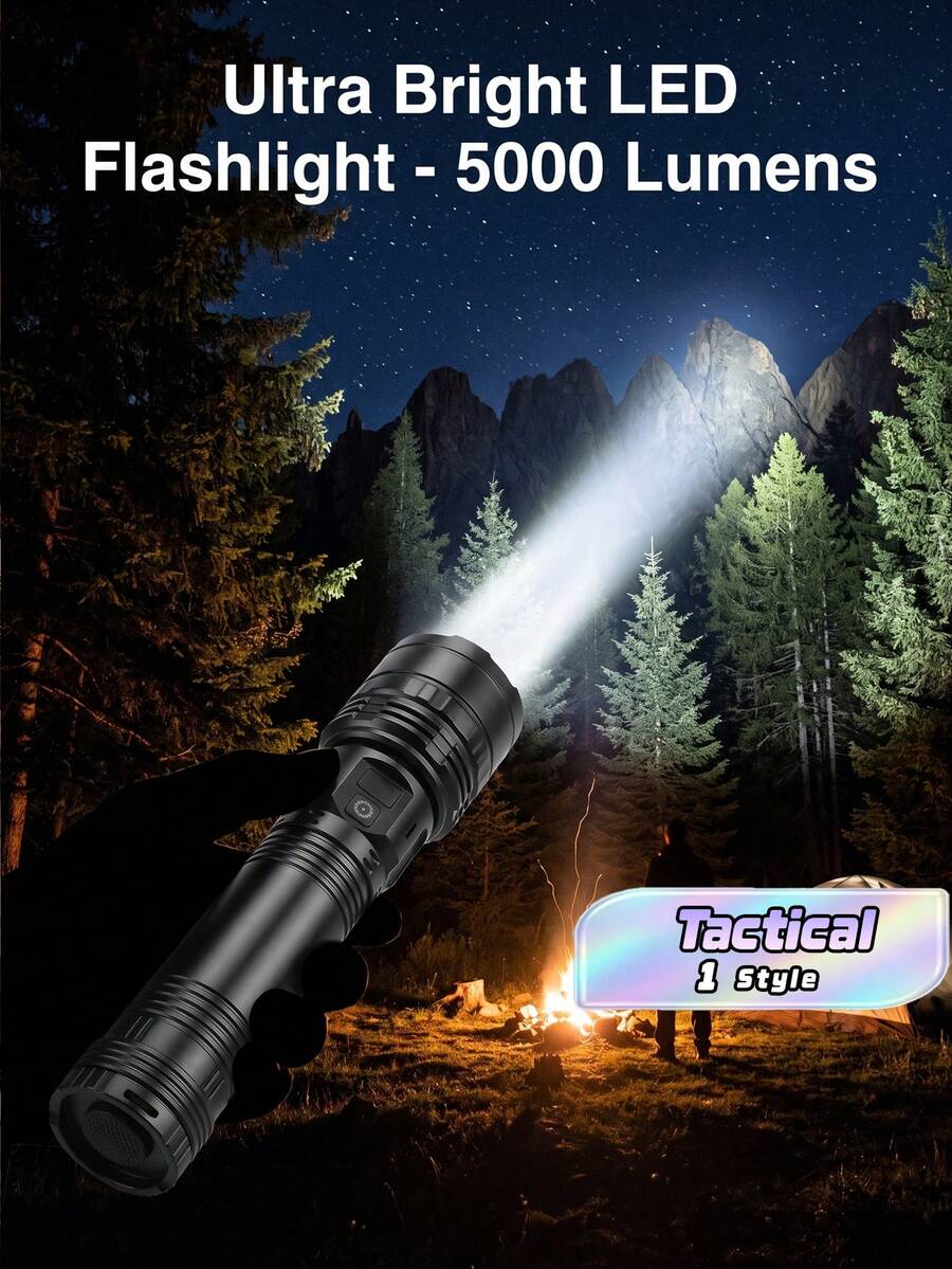 10000流明超亮LED手电筒,可充电Type-C接口,户外超亮远射战术手电筒,防水安全照明,可调节变焦,适用于钓鱼、狩猎、徒步、骑行、登山、应急行动等多种场合。 - 黑色 - 查看 1