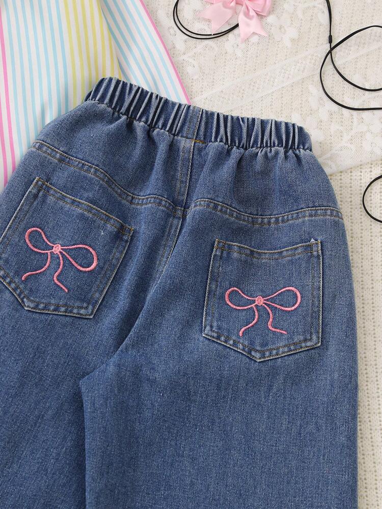 SHEIN 3-Piece Set: White Camisole, Macaron Striped Shirt, Elastic Waist Wide Leg Denim Pants. Rainbow Fine Striped Shirt With Loose Drop Shoulder, Cuffed Sleeves, Sun Protection And Versatile Style; Basic White Camisole With Simple Slim Fit; Blue Denim Long Pants With Dual Back Pockets And Pink Bow Embroidery, Elastic Waist For All Body Types, Draped Fit For Height And - Blue - View 6
