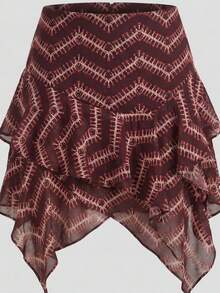 Willow Rêve Women's Brown Geometric Pattern Double Layer Chiffon Flirty Mini Skirt, Boho Style, Valentine's Day Style, Romantic Vacation Style, Travel,Skirt - Red - View 6