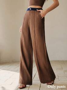 Anewsta Pantalones rectos con textura y bloqueo de color en la cintura, estilo vintage, para primavera/verano - Marrón - Ver 3