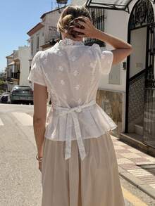 SHEIN PariChic 女款優雅蕾絲拼接V領修身白色襯衫 - 白色 - 查看 2