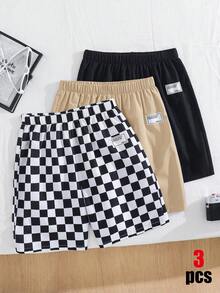 SHEIN 3件組兒童青少年男孩買1送2套裝，休閒學院風舒適棋盤格印花寬鬆梭織短褲與運動長褲，適合春夏、外出、情人節、約會、旅行、度假、家庭聚會、返校、婚禮季、晚餐派對、運動、生日派對 - 彩色 - 查看 7