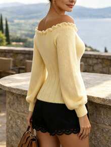 valorelle valorelle Women's Solid Color Ruffle Trim Off-Shoulder Long Sleeve Fashion Sweater - Light Yellow - View 3