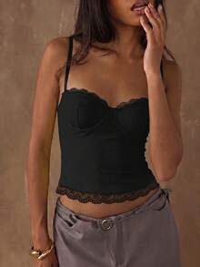 SHEIN BAE 女款性感優雅蕾絲拼接細肩帶背心 - 黑色 - 查看 3
