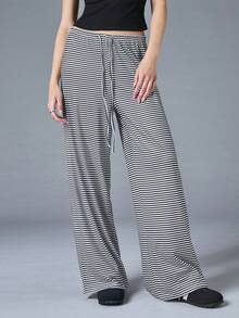 SHEIN BASICS 女款休閒針織條紋寬鬆寬腿長褲，女款運動休閒褲居家褲，黑白格紋，秋季休閒款 - 黑色 - 查看 7